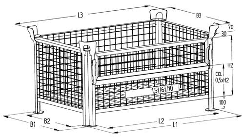 Gitterbehälter m.1/2 Klappe 4000kg L1000xB800xH600mm verz.silber || VE = 1 ST