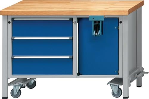 Montagewerkbank Buche massiv B1270xT700xH850mm fahrbar blau/grau 50mm 3Schubl. || VE = 1 ST