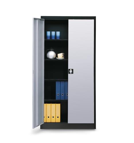 Flügeltürenschrank H1950xB950xT500mm lichtgrau/ultramarinblau 4 BD schwarz || VE = 1 ST