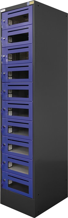 Elektro-Fächerschrank H1790xB410xT500mm Sockel 10F.grau/blau NCS Sichtfenstert.
