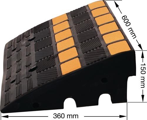 Bordsteinrampe L600xB360xH150mm Gum.schwarz/gelb m.2 Ablauf-/Kabelkanälen || VE = 1 ST